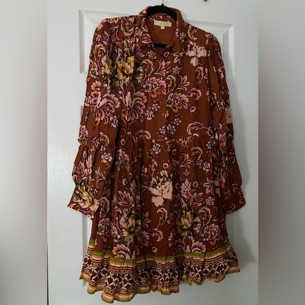 Rust Floral Long-Sleeve Tiered Women's Dress